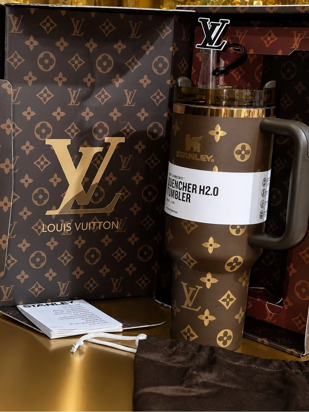 🔥  🔥. Luxury Stanley Brown and Gold LV  Quencher H2.0 Tumbler With Gift Box 🎁